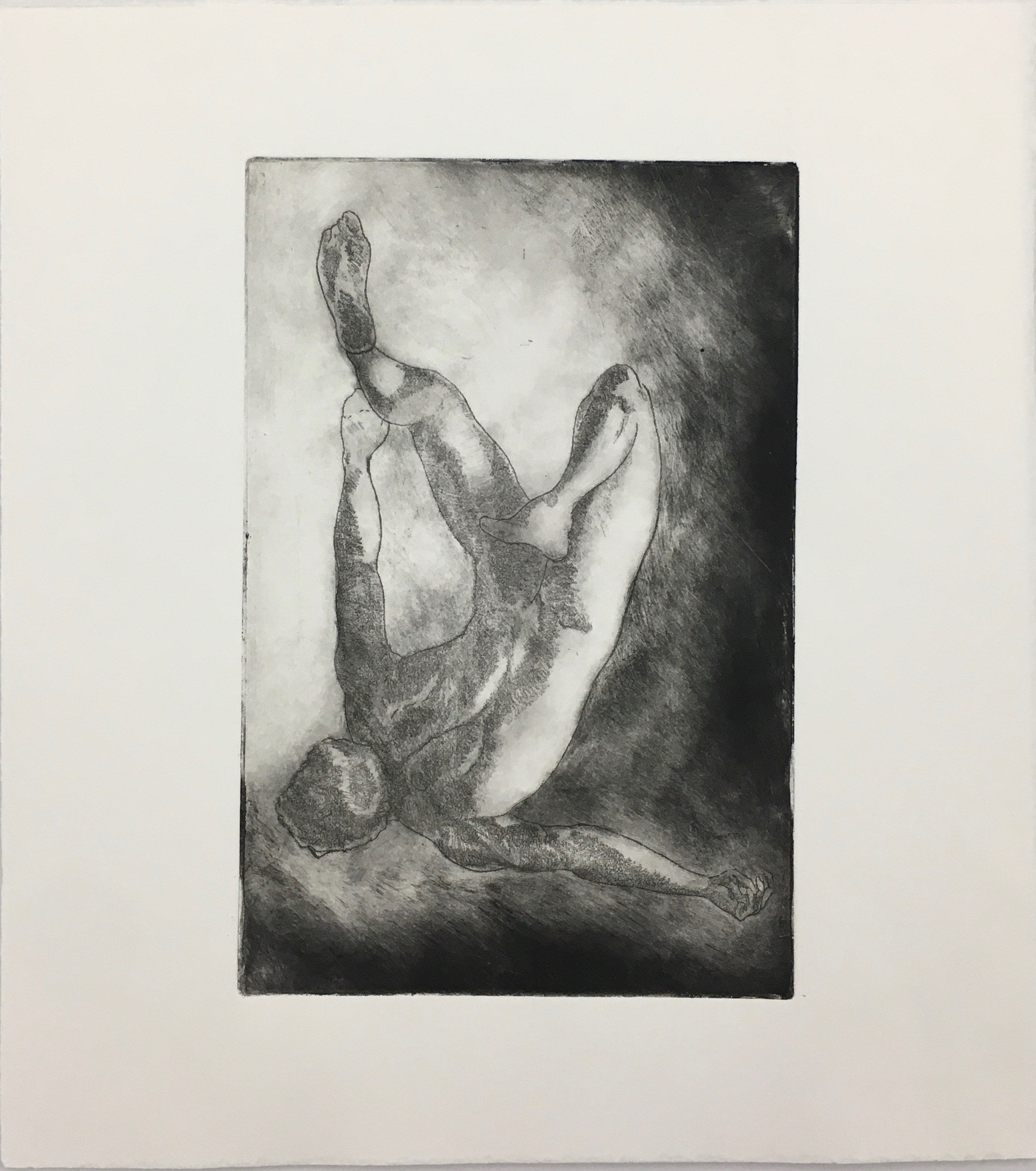 Failed Attempts in the Act of Falling Up: Attempt No. 6, #2, 2019.
                Monoprint on top of etching on soft ground, 9” x 6” by Karl Daum