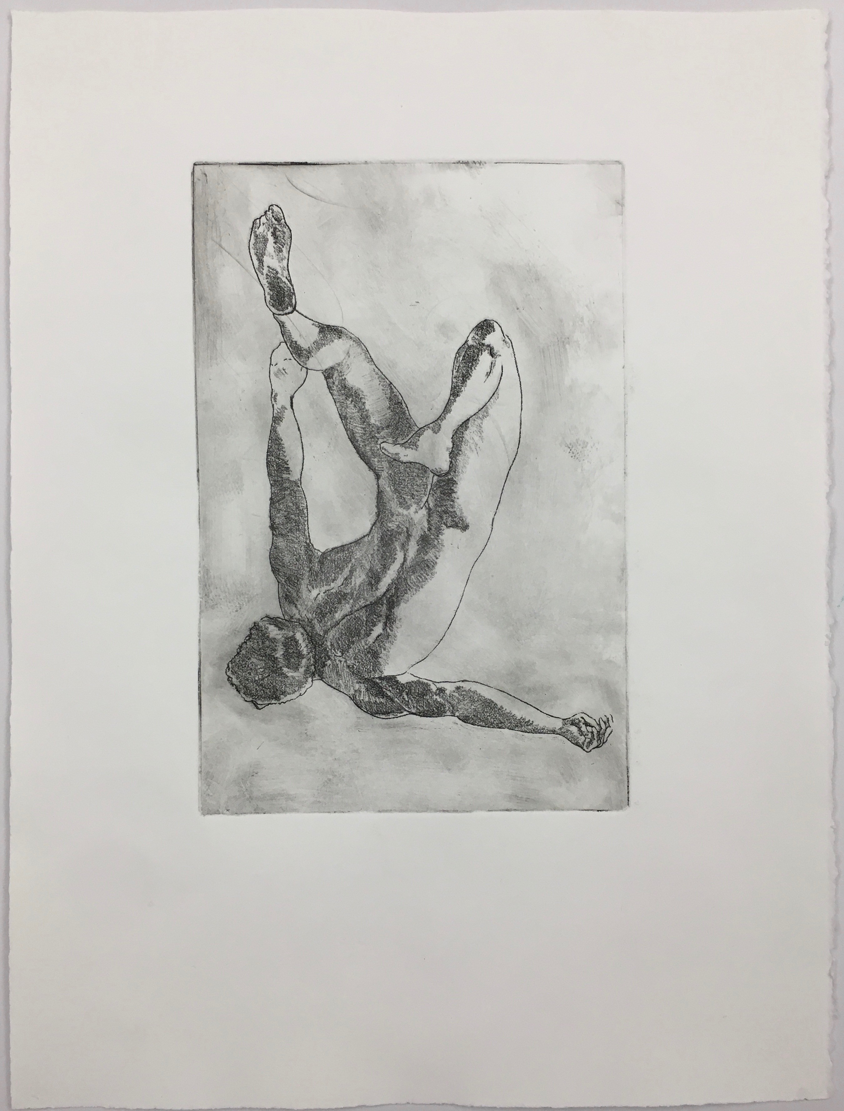 Failed Attempts in the Act of Falling Up: Attempt No. 6, #3, 2019.
                Monoprint on top of etching on soft ground, 9” x 6” by Karl Daum