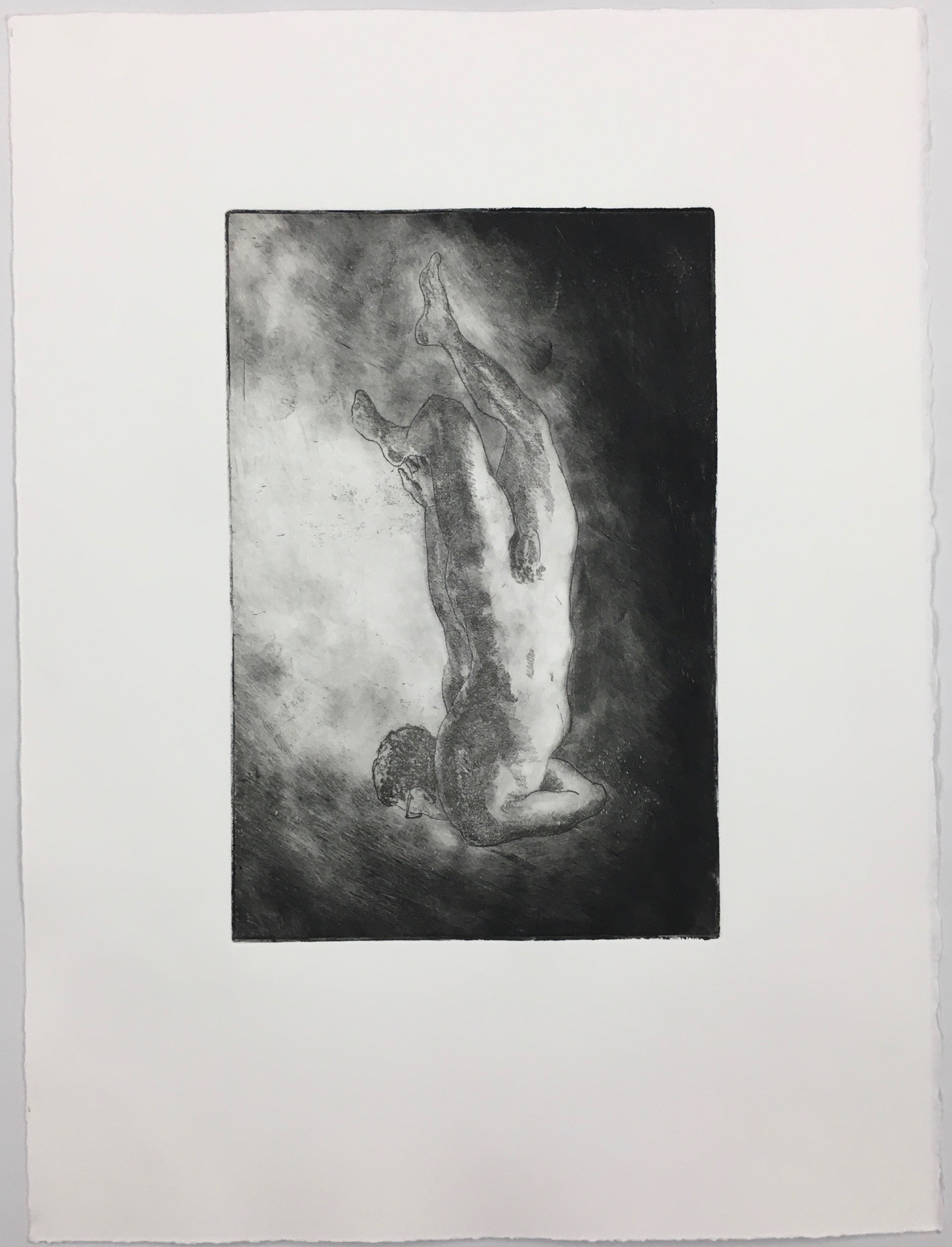 Failed Attempts in the Act of Falling Up: Attempt No. 7, #2, 2019.
                    Monoprint on top of etching on soft ground, 9” x 6” by Karl Daum