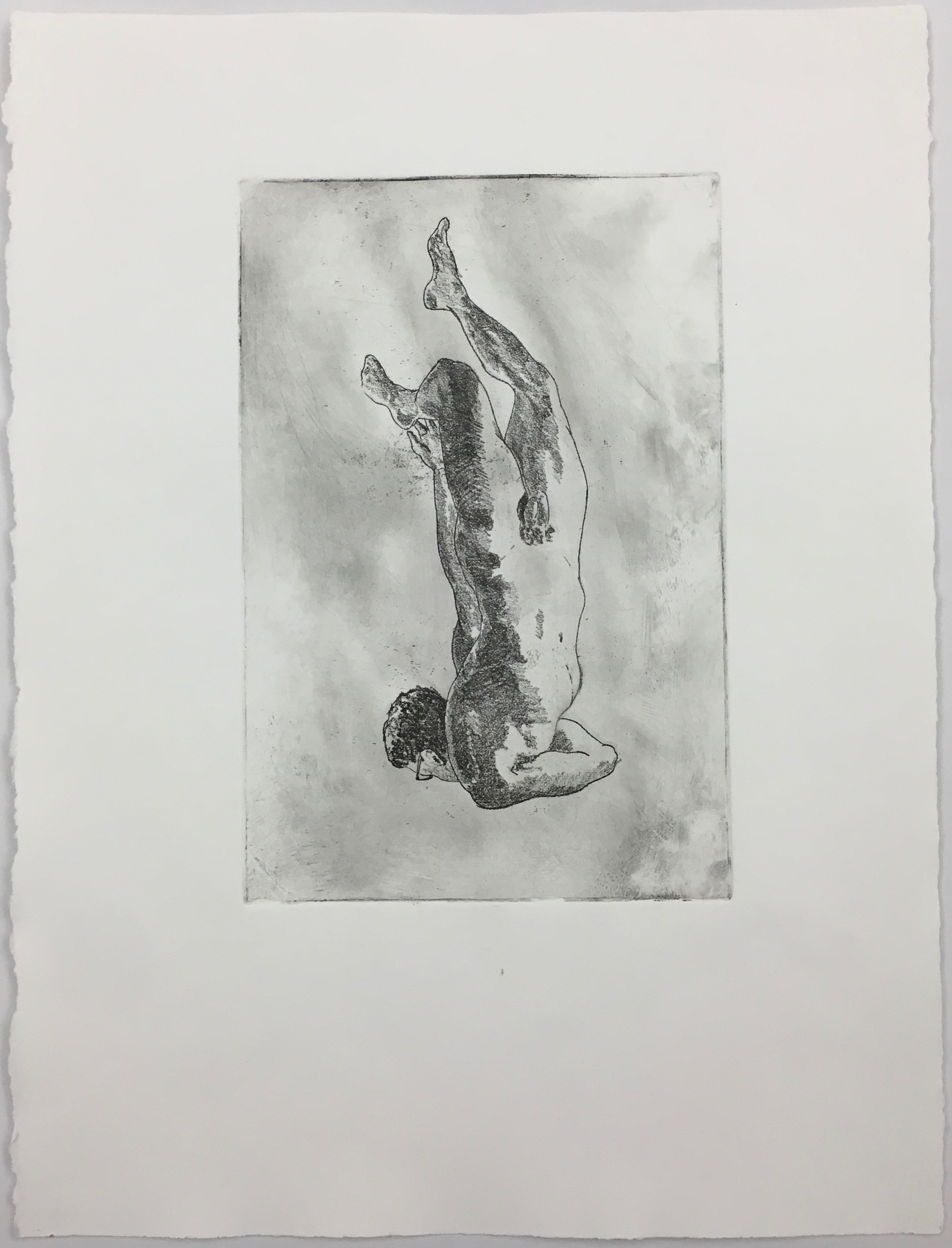 Failed Attempts in the Act of Falling Up: Attempt No. 7, #3, 2019.
                    Monoprint on top of etching on soft ground, 9” x 6” by Karl Daum